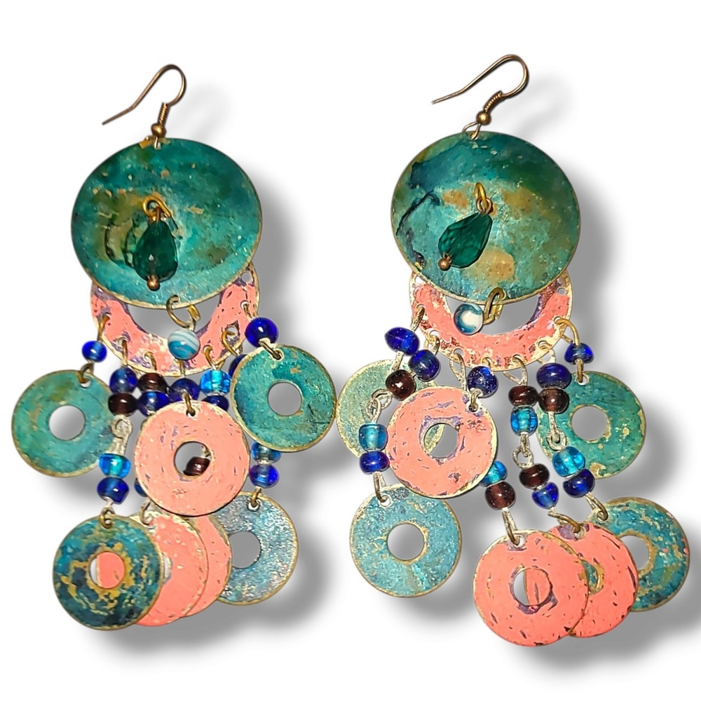 Vintage '80S '90S Big Teal & Coral Patina Disc Chandelier Dangle Earrings 4.5"
